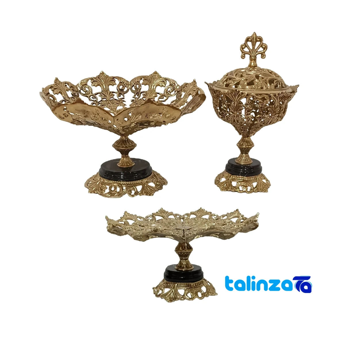 Brass Petal Design 3-Piece Serving Set and key details (Front view)