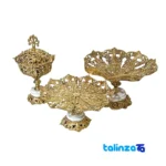Front view of Brass Blossom 3-Piece Serving Set with Stone Base 60x32x23 cm design and key details