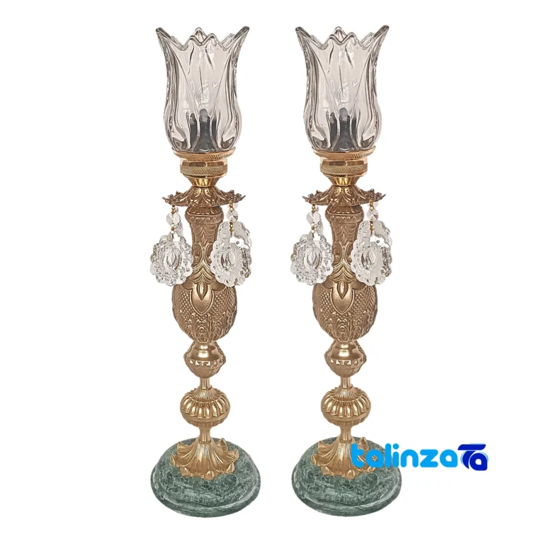 Front view of H-1346 Brass Candle Holder Set Two design and key details