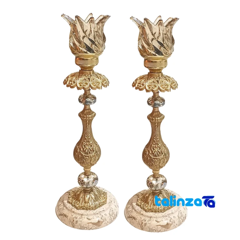 Emperor Brass Candle Holder Set of Two - Front view showing saffron grade and packaging