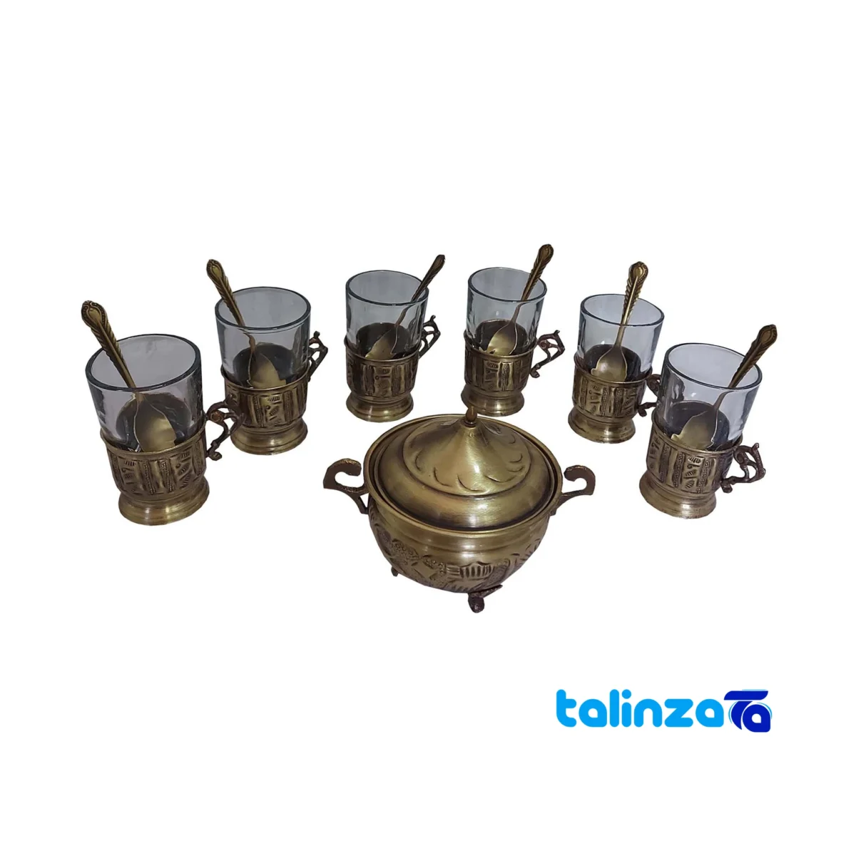 Brass Tea Set 19 Piece Handcrafted Engraved 12x12x10 cm - Front view showing design and key details
