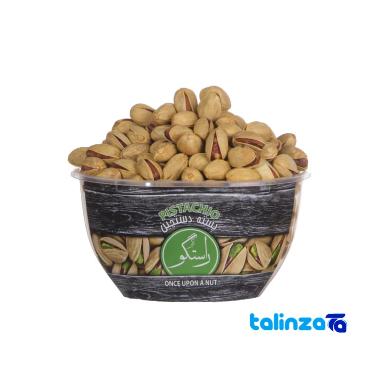 Front view of Akbar Rastgoo Salted Pistachios 220 grams design and key details