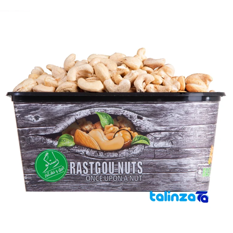 Front view of Akbar Rastgoo Cashew Nuts Raw design and key details