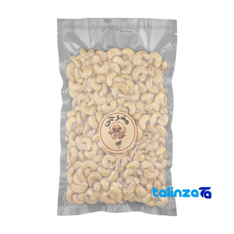 Front view of Moghzchi Raw Cashews Organic Fresh Flavor Vacuum design and key details