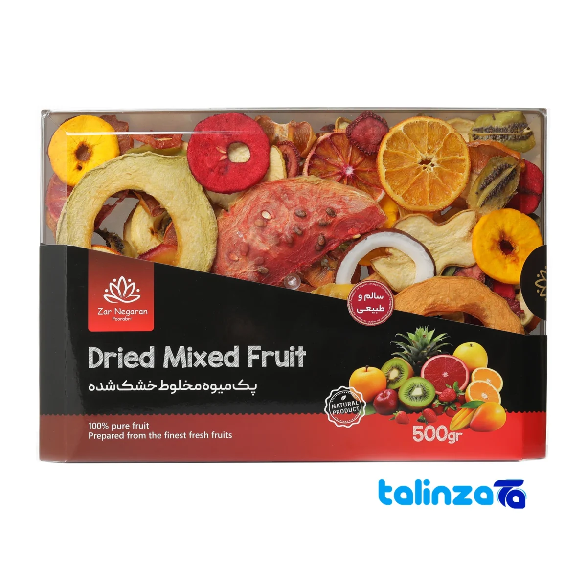 Zarnegaraan Dried Mixed Fruit Delight 500 grams design and key details (Front view)