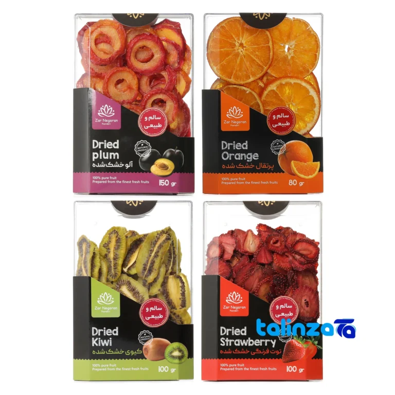 Zarngaran Dried Fruit Mix - Orange, Strawberry, Kiwi, Plum - Front view showing design and key details
