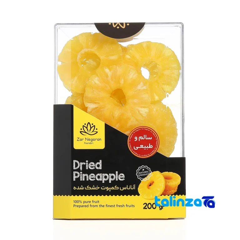 Front view of Zarnegaraan Dried Pineapple Snack Organic design and key details