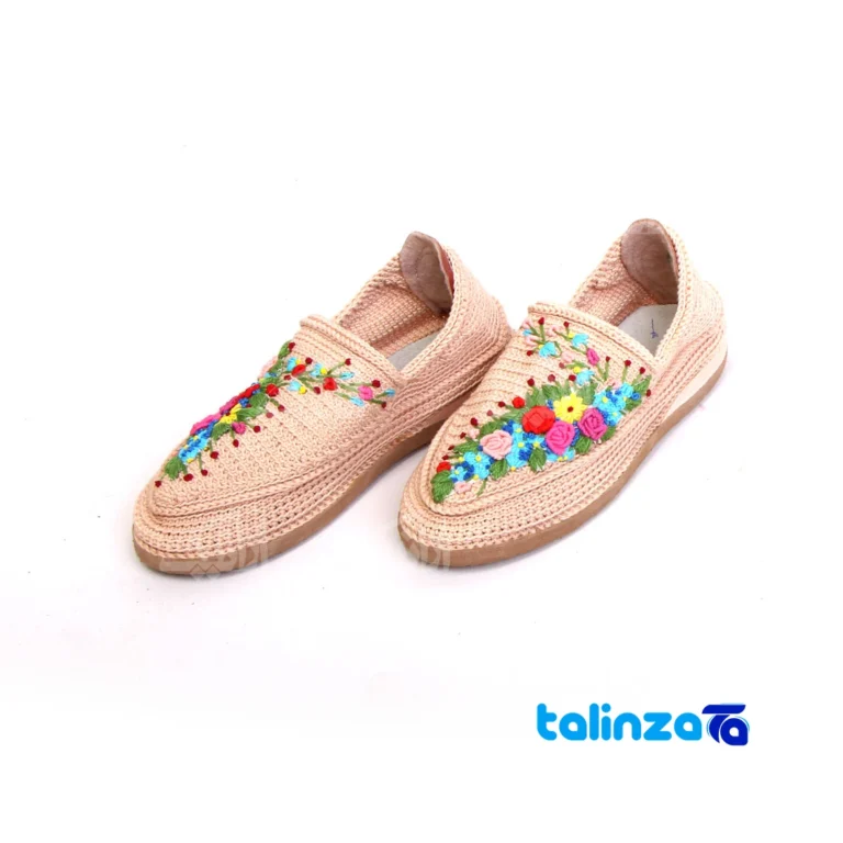 Kerman Beige Cotton Shoes with Embroidery Design - Front view showing and key details