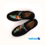 Front view of Kerman Black Cotton Shoes Embroidered Design Kermanshah and key details