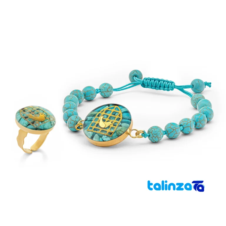 Altin Honar Handmade Jewelry Set - Turquoise Stone & Gold Plating - Front view showing design and key details