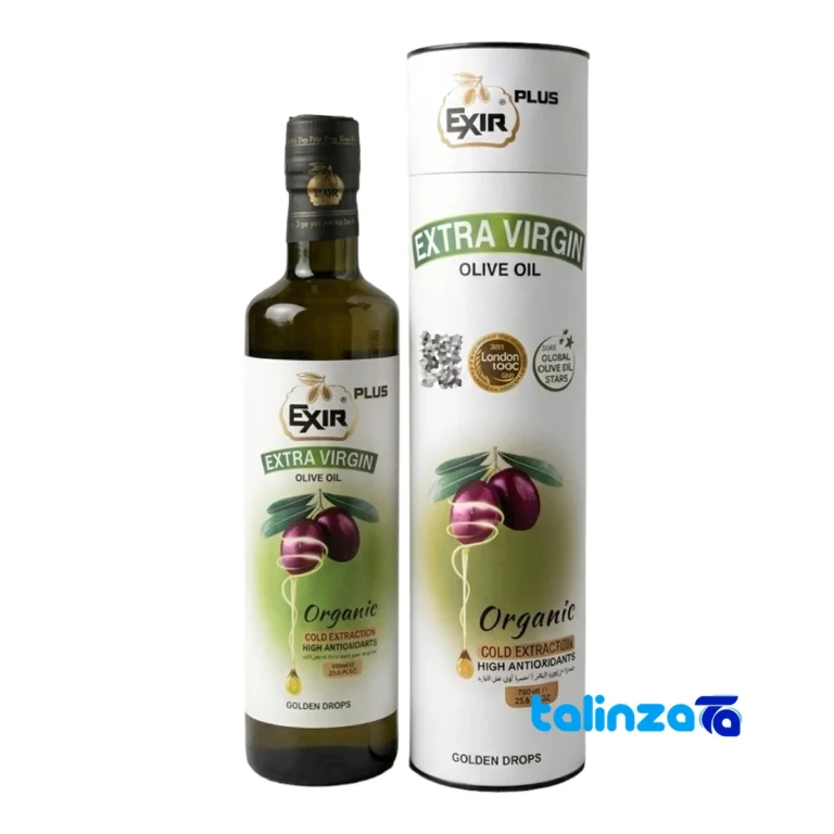 Front view of Exir Plus Extra Virgin Olive Oil Organic 650 grams design and key details