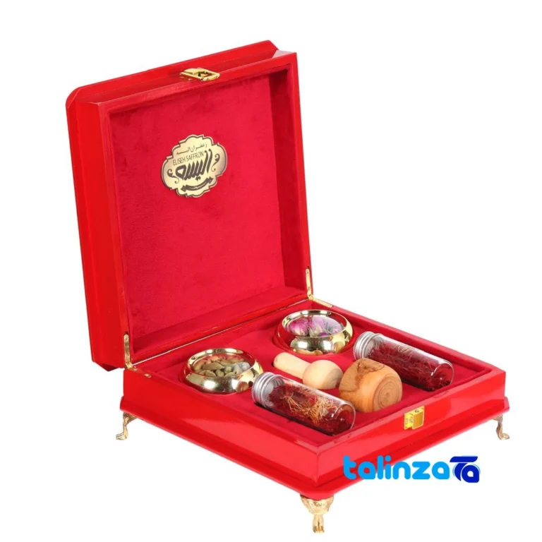 Package front of Aliseh Red Saffron Gift Set with Mortar and Cardamom product labeling brand