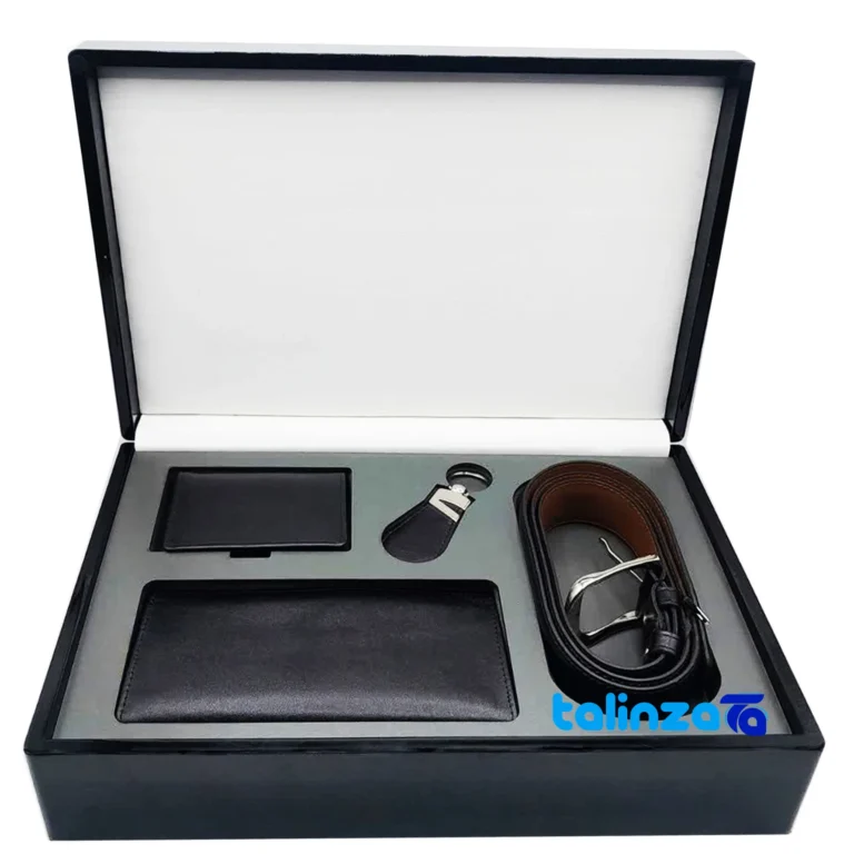 Front view of Setkado Gift Set Wallet Belt Card Holder Keychain saffron grade and packaging
