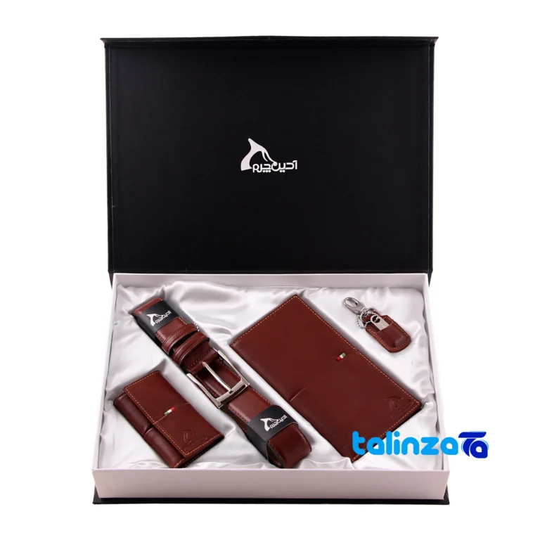 Front view of Baraz Leather Gift Set for Men saffron grade and packaging