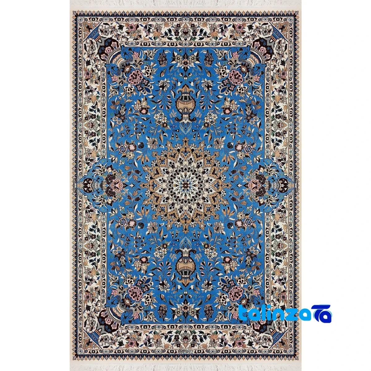 Nain Handwoven Rug Blue Traditional Design Hand wash only - Full spread showing overall layout