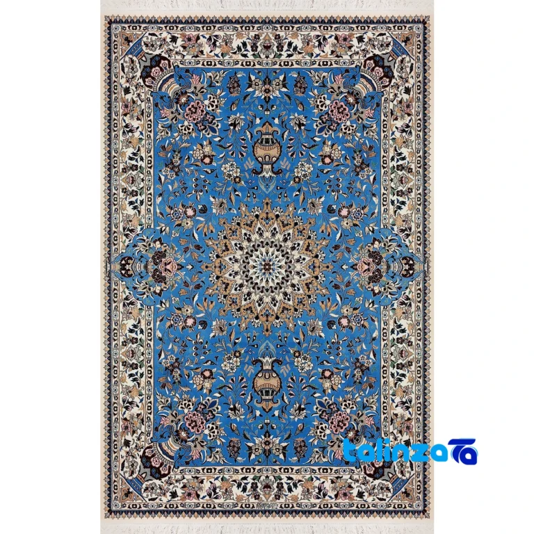 Nain Handwoven Rug Blue Traditional Design Hand wash only - Full spread showing overall layout