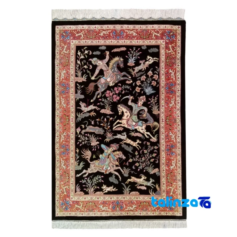 Handwoven Persian Carpet Hunting Scene Elegant Design overall layout (Full spread)