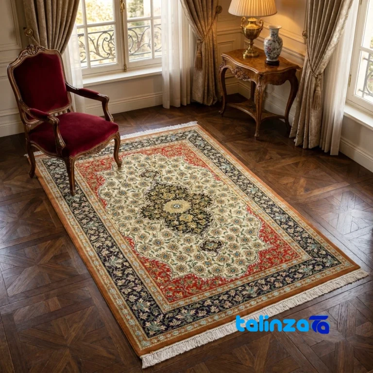 Top view of Persian Handwoven Rug Latchak Design Cream pattern and color tone