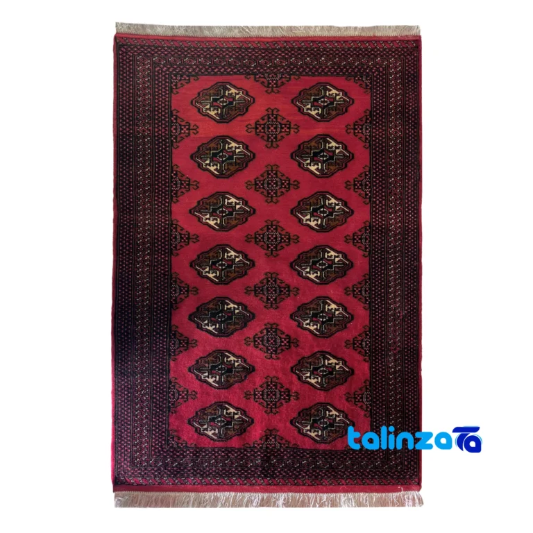 Traditional Handwoven Red Turkmen Carpet Hand wash only overall design layout (Full spread)