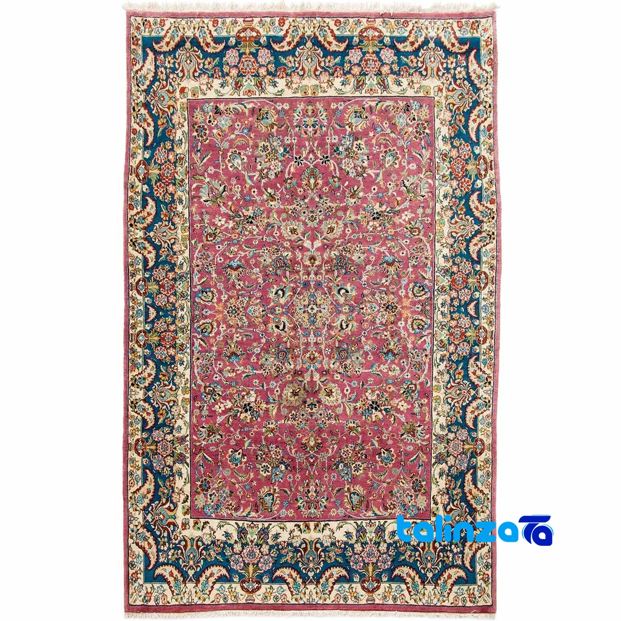 Red Handmade Persian Carpet with Blue Borders 1 handwoven carpet