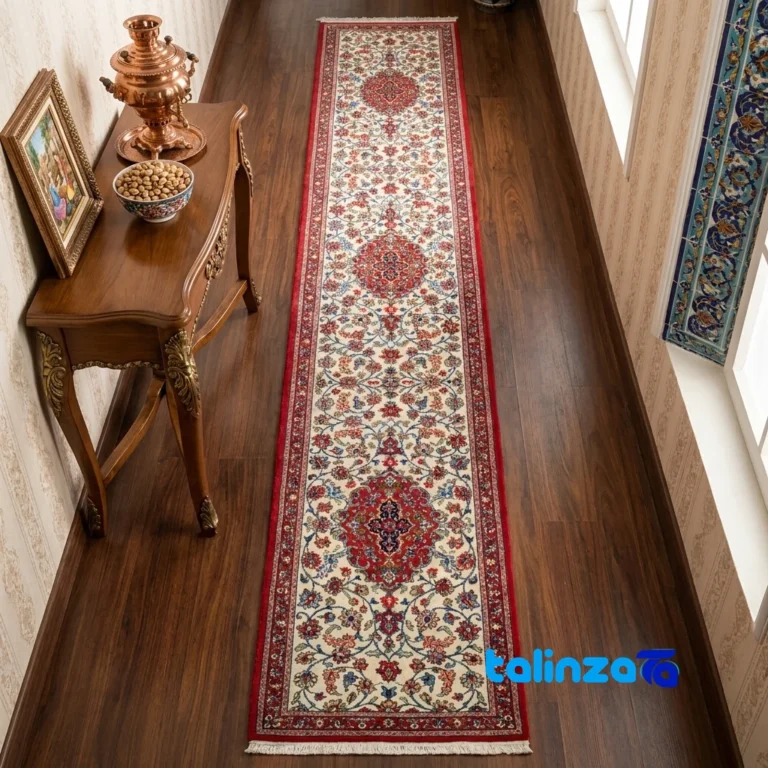 Handwoven Carpet Runner Cream Turanji Design - Full spread showing overall layout