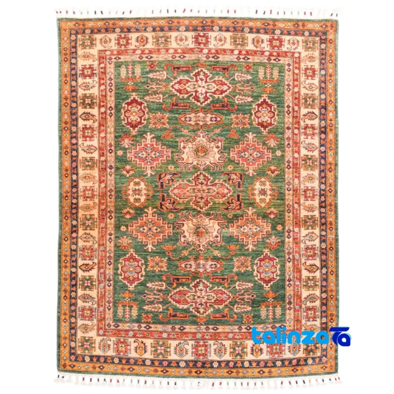 C Persia Handwoven Rug Geometric Design Green - Top view showing pattern and color tone