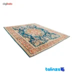 Detail view of Traditional Handwoven Carpet Blue Floral Design pile texture close-up