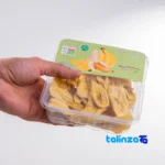 Packaging view of Akbar Rastgoo Dried Banana Snack Organic label and