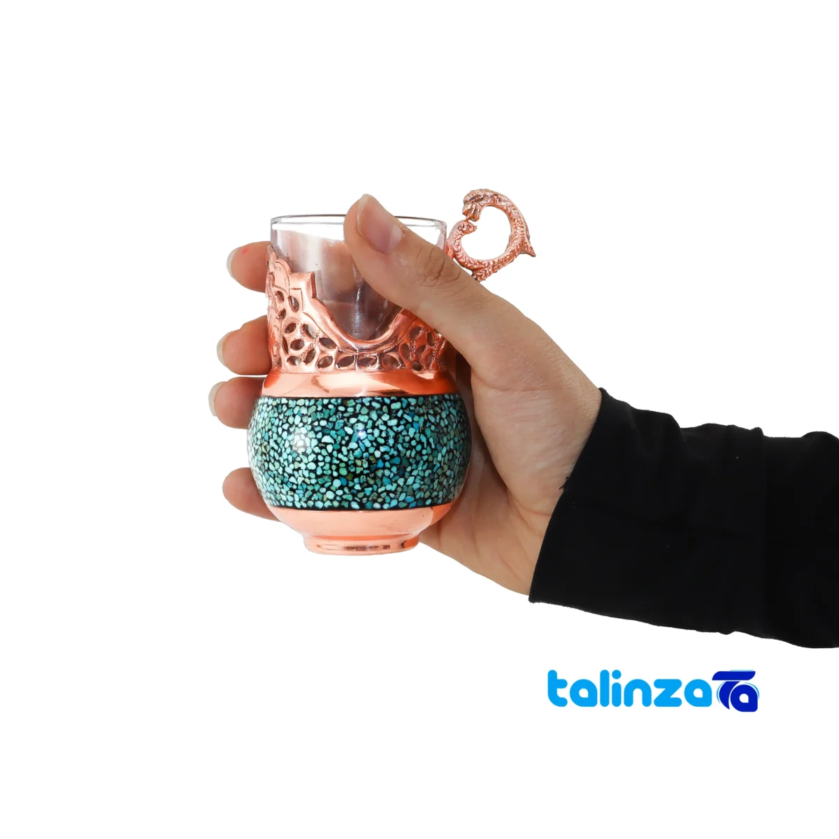 Packaging view of Shahpasand Turquoise Copper Tea Set 47 x 33 label and