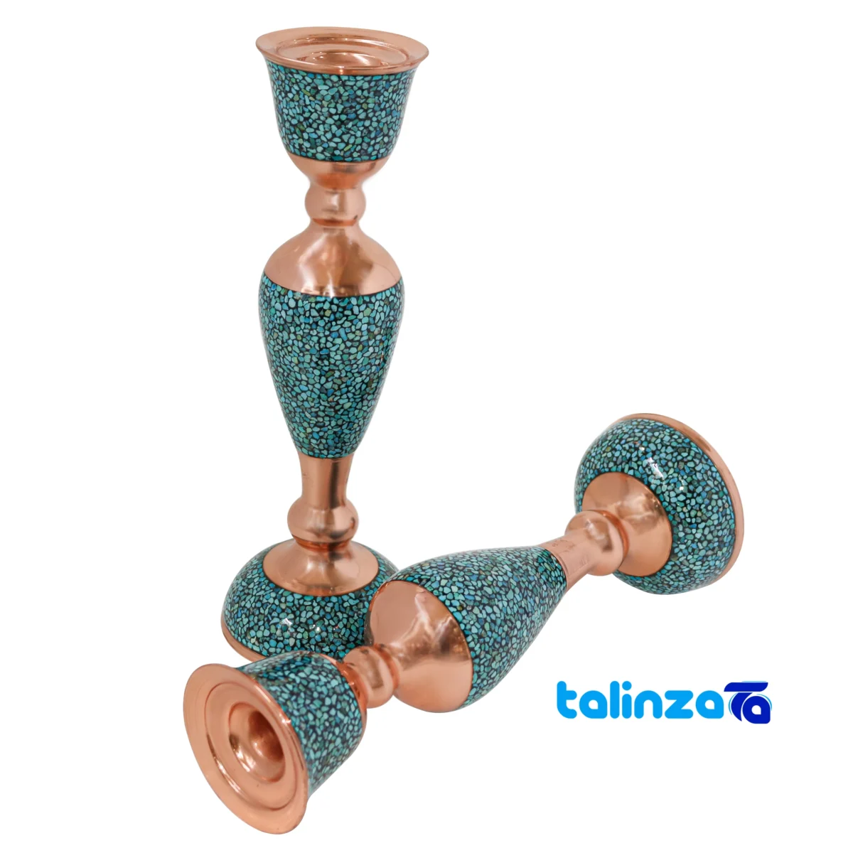 Packaging view of Turquoise Inlaid Mirror Candleholder Set Narrow Waist label and