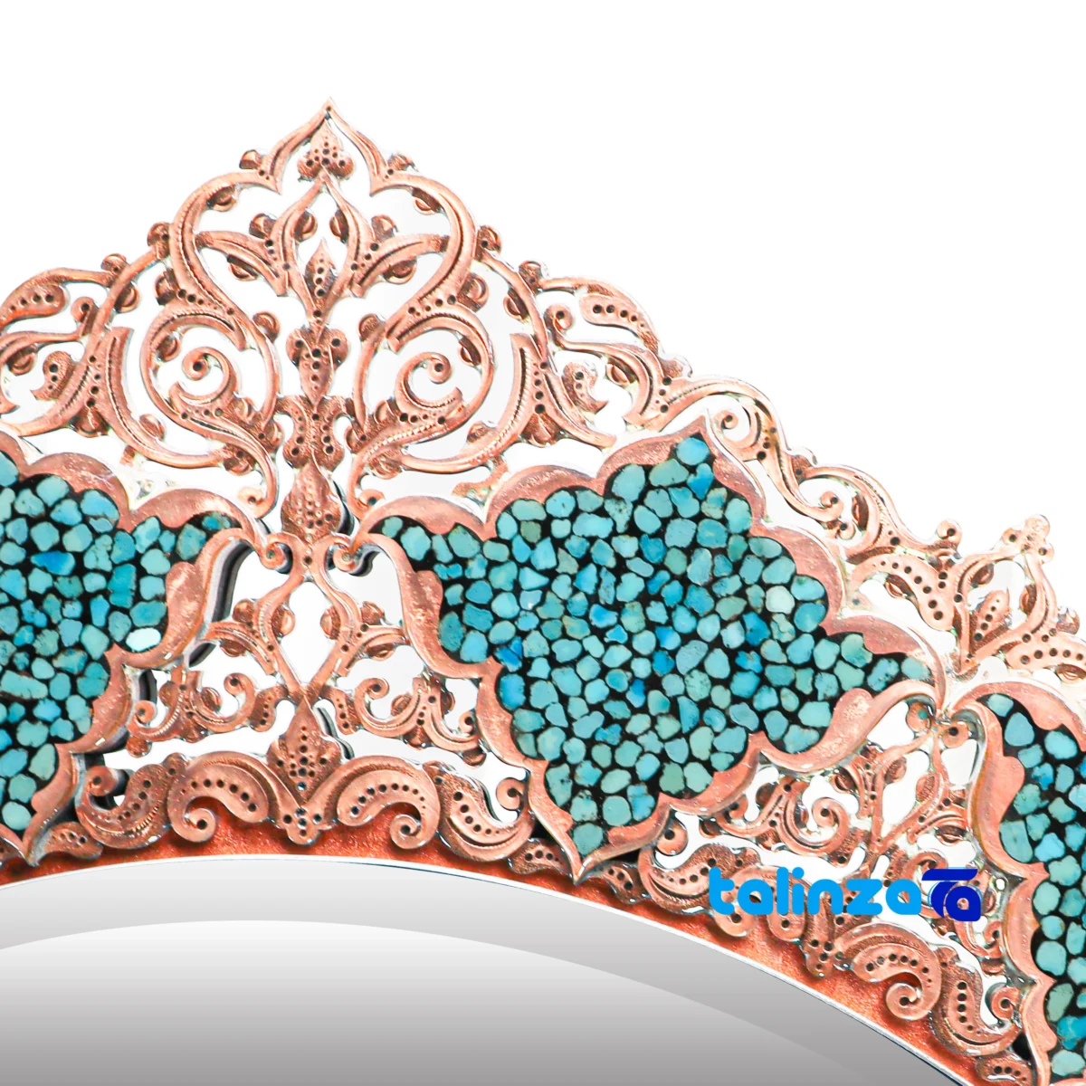 Detail view of Fakhra Turquoise Inlaid Mirror Candle Holder Set Copper finish and material