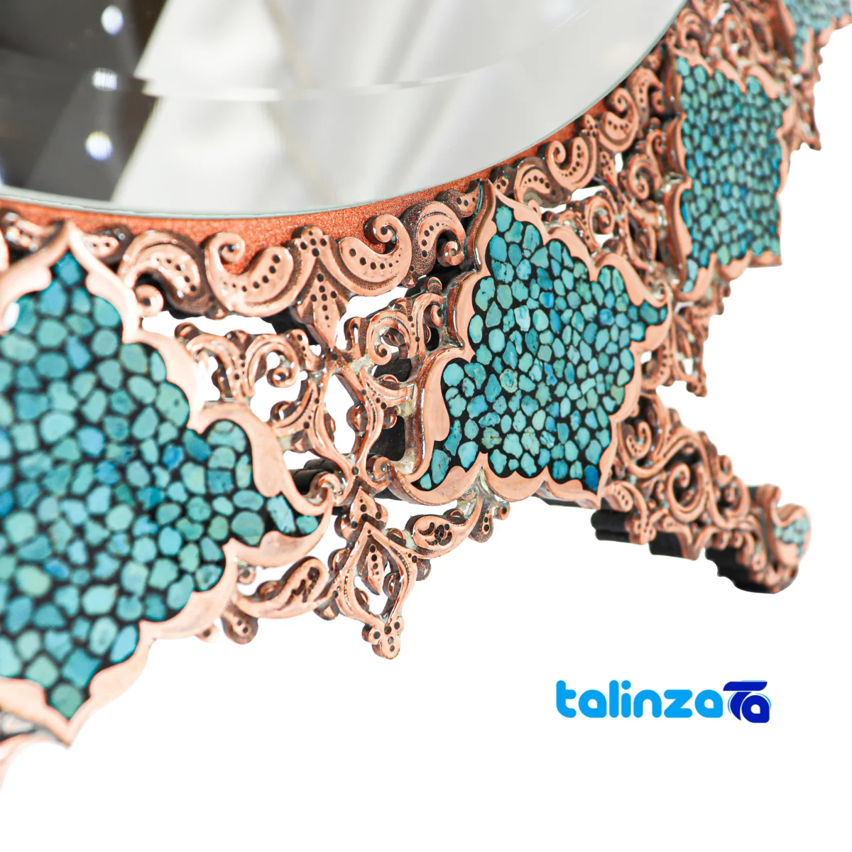 Side view of Fakhra Turquoise Inlaid Mirror Candle Holder Set Copper profile and structure