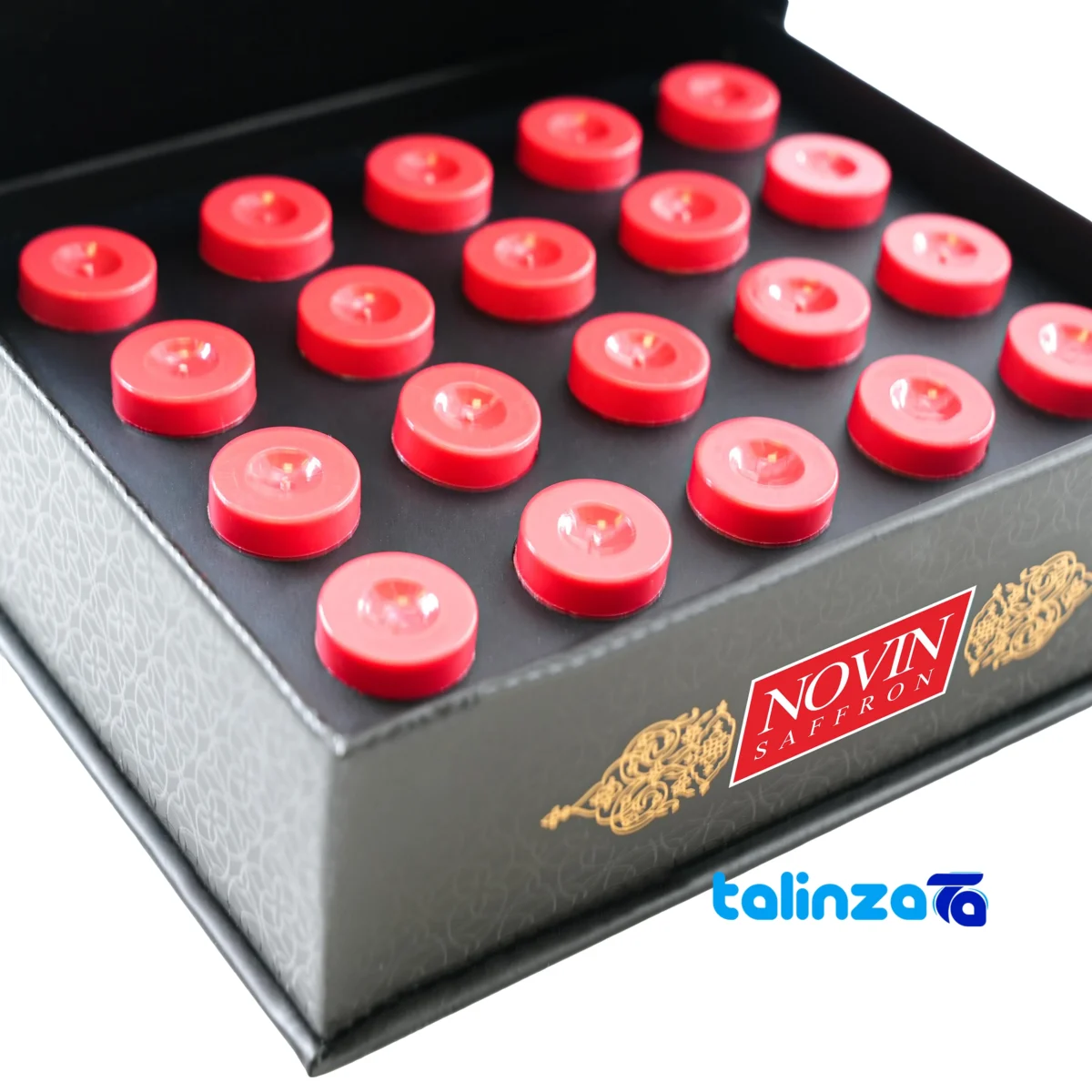Front view of Novin Saffron Powder Premium Quality Packet grade and packaging