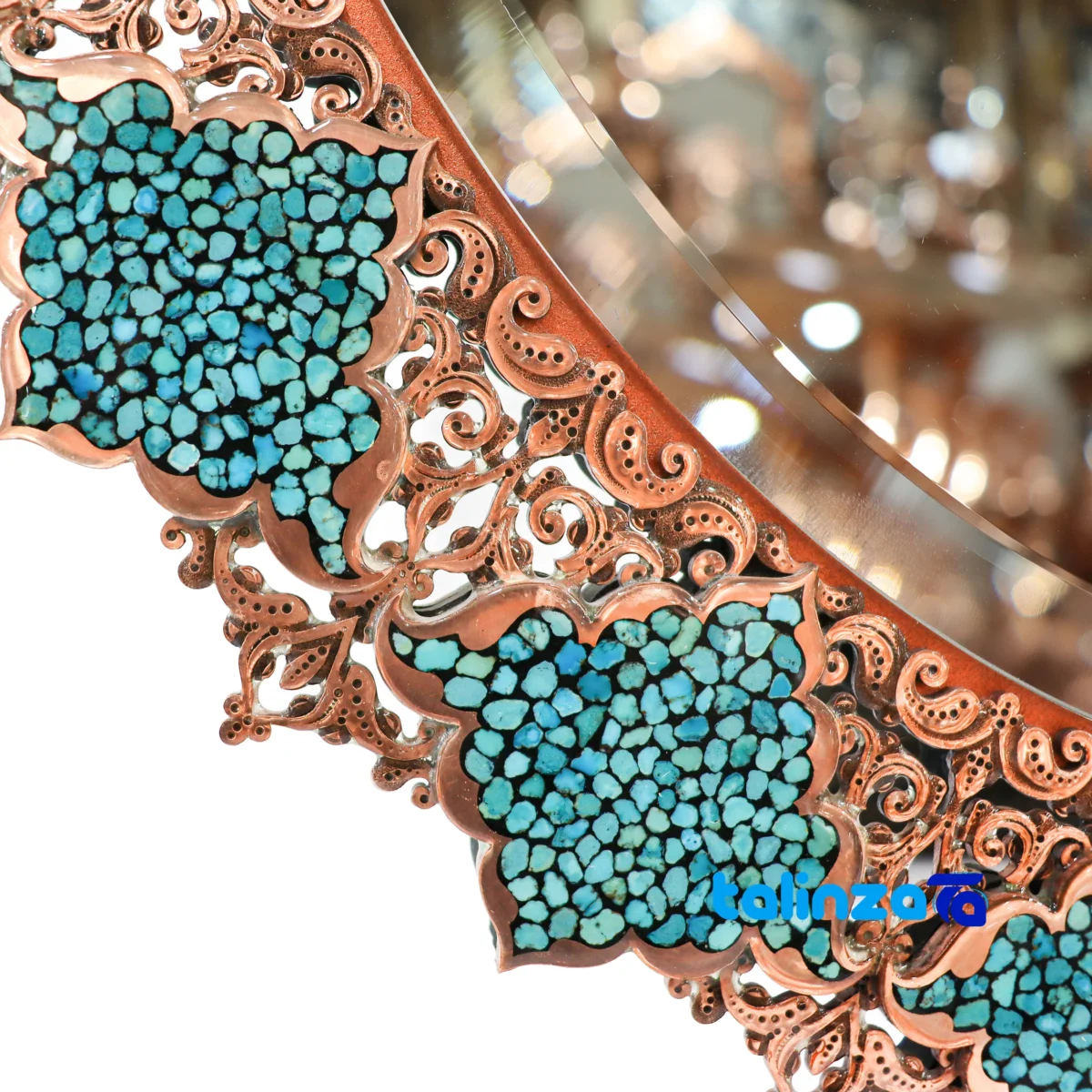 Front view of Fakhra Turquoise Inlaid Mirror Candle Holder Set Copper design and key details