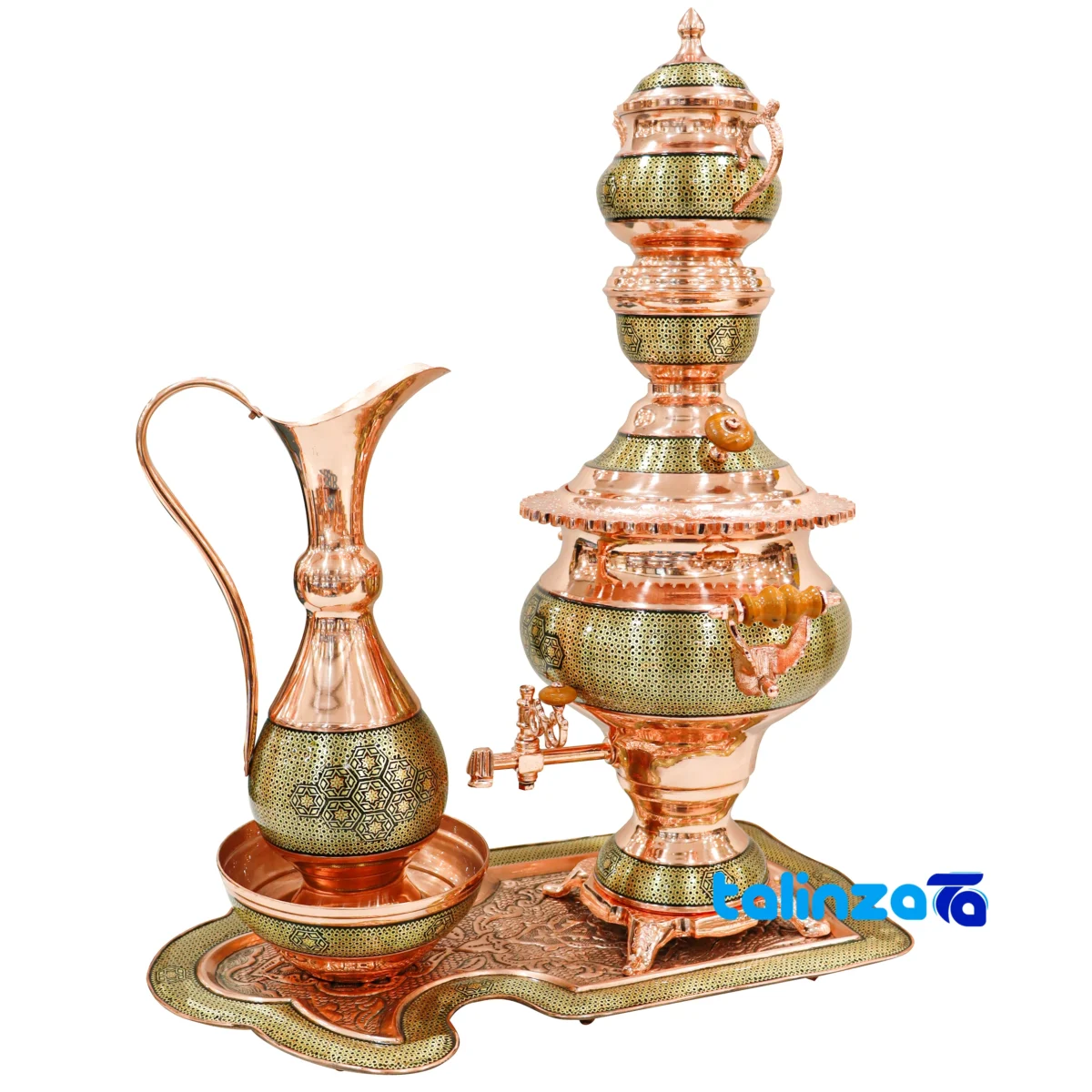 Front view of Khatamkari Samovar Set Inlaid 51 x 31 design and key details