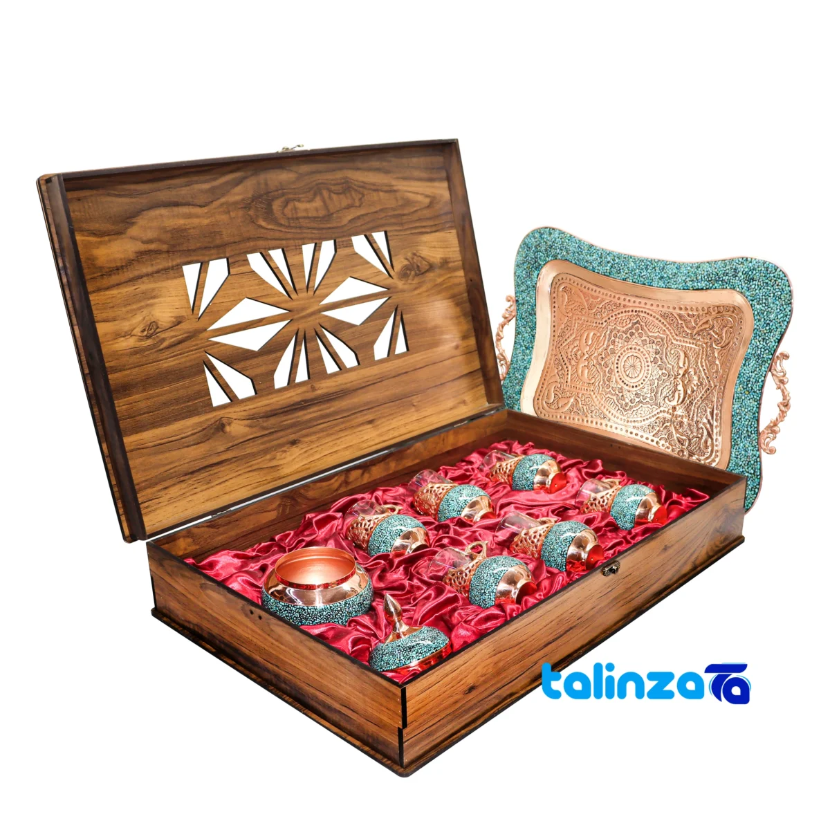 Packaging view of Shahpasand Turquoise Copper Tea Set 47 x 33 label and