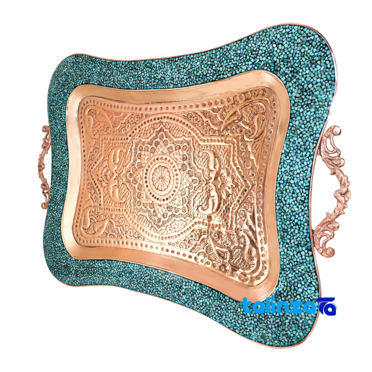 Side view of Shahpasand Turquoise Copper Tea Set 47 x 33 profile and structure