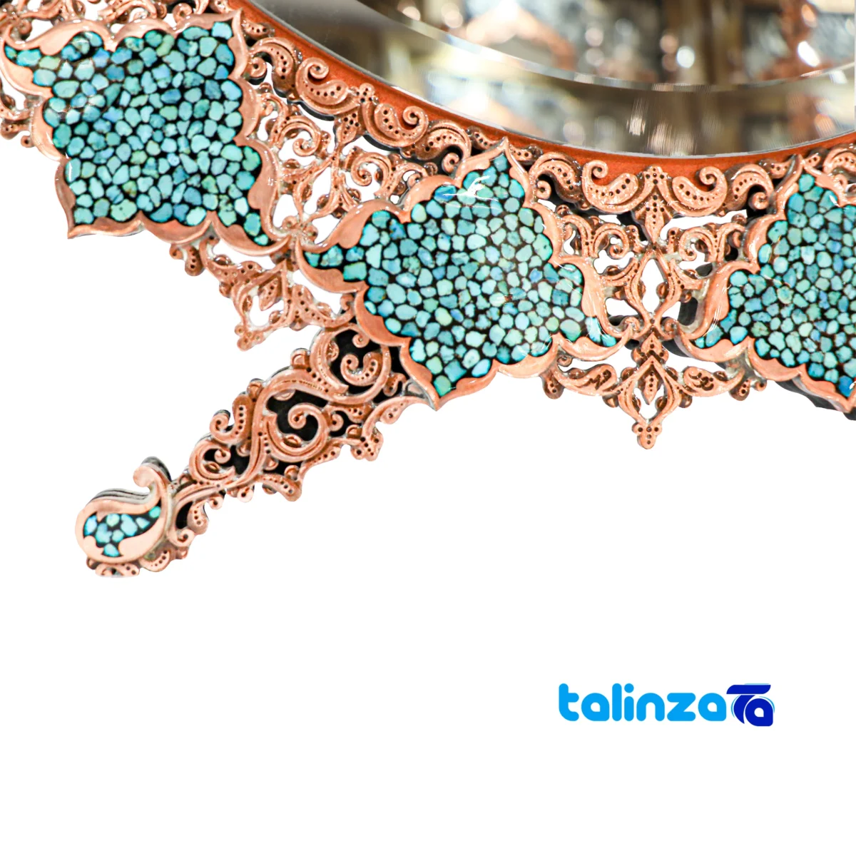 Side view of Magnificent Art Turquoise Inlaid Mirror Candleholder Set profile and structure