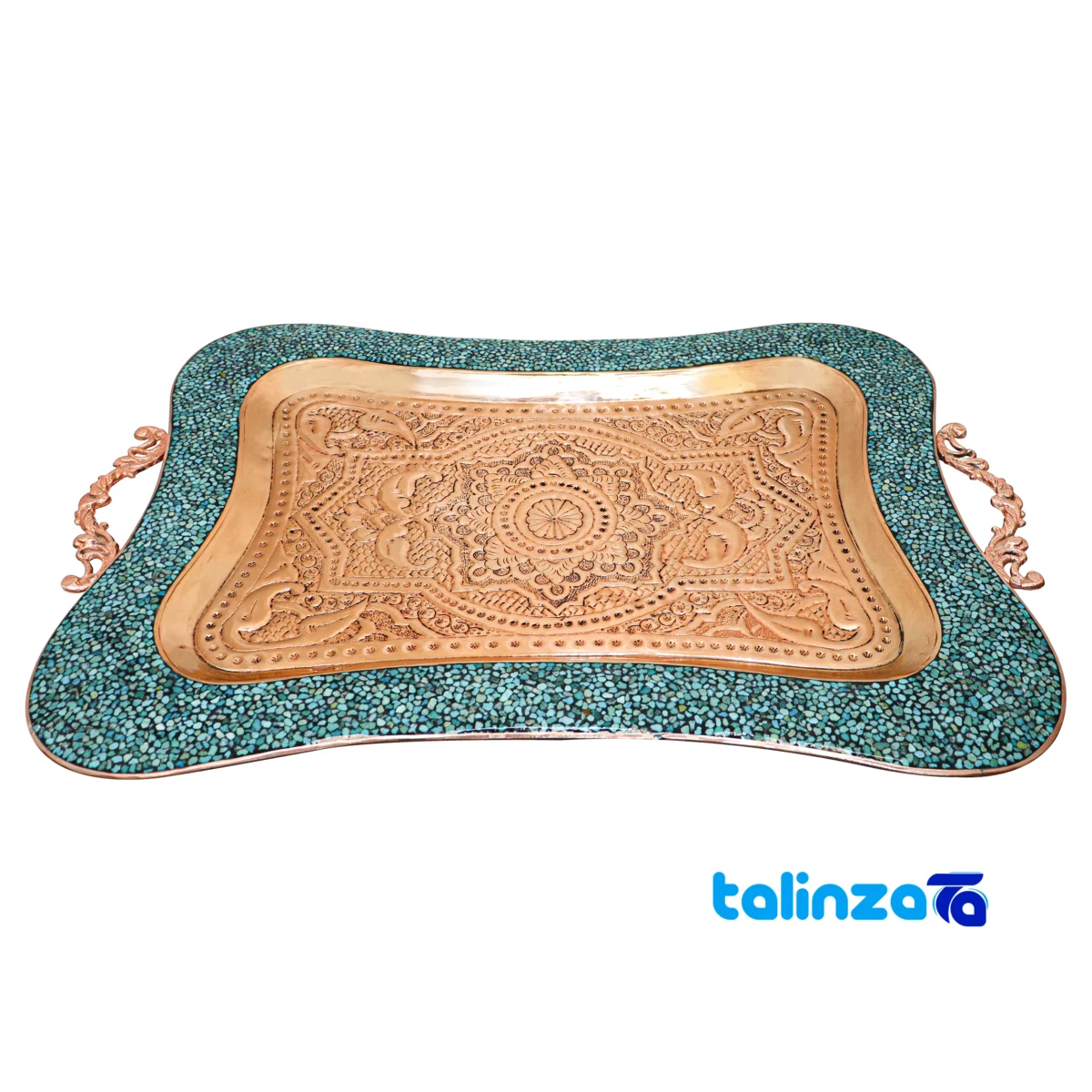 Front view of Shahpasand Turquoise Copper Tea Set 47 x 33 design and key details