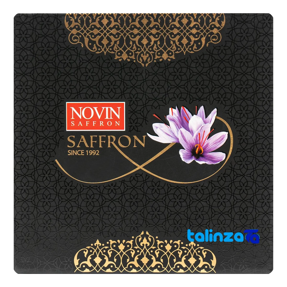 Front view of Novin Saffron Powder Premium Quality Packet grade and packaging