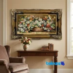 Detail view of Machine-Woven Carpet Wall Art Flower Basket Design pile texture close-up