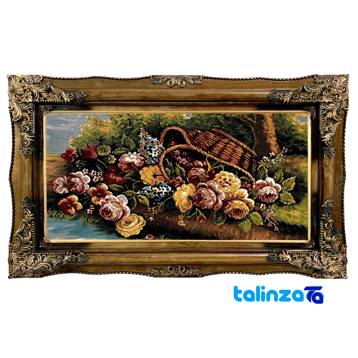 Detail view of Machine Woven Carpet Wall Art Flower Basket Design pile texture close-up