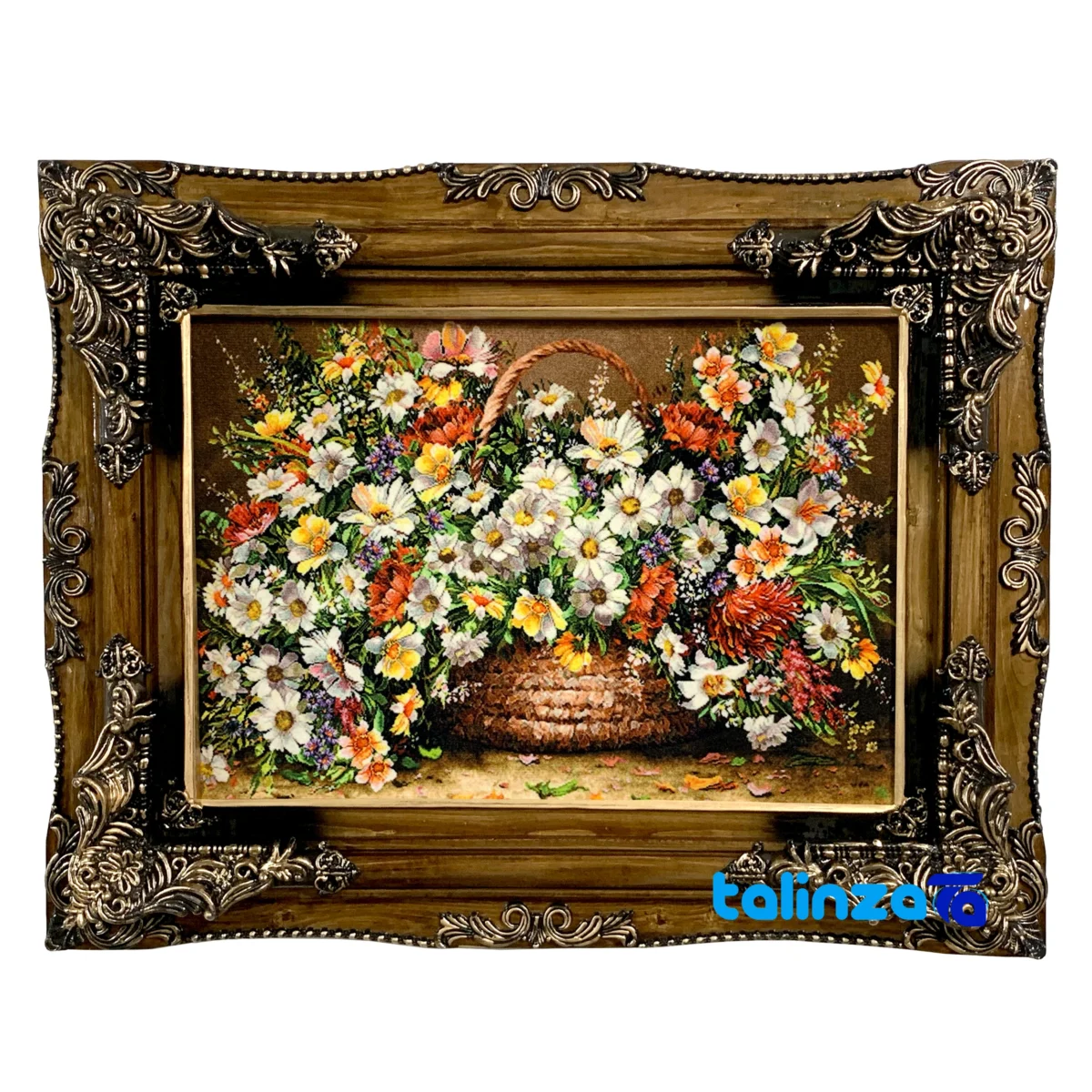 Detail view of Machine-Woven Carpet Wall Art Flower Basket Design pile texture close-up