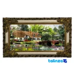 Detail view of Handmade Carpet Wall Art Home and Pond Design pile texture close-up