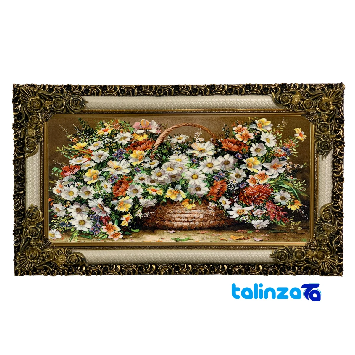 Detail view of Machine-Woven Carpet Wall Art Flower Basket Design pile texture close-up