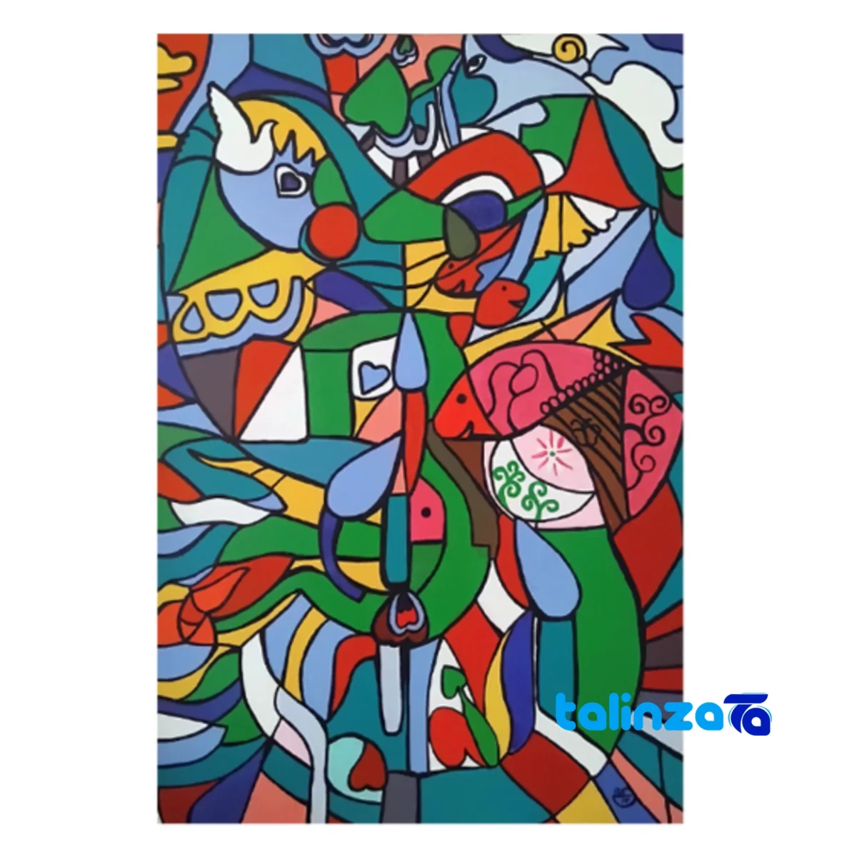 Packaging view of Mehtab Mozloomi Cubism Acrylic Painting Happy Dreams label and