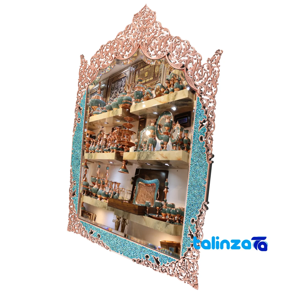 Packaging view of Magnificent-Art Three Piece Turquoise Inlay Mirror Candle Holder Set label and