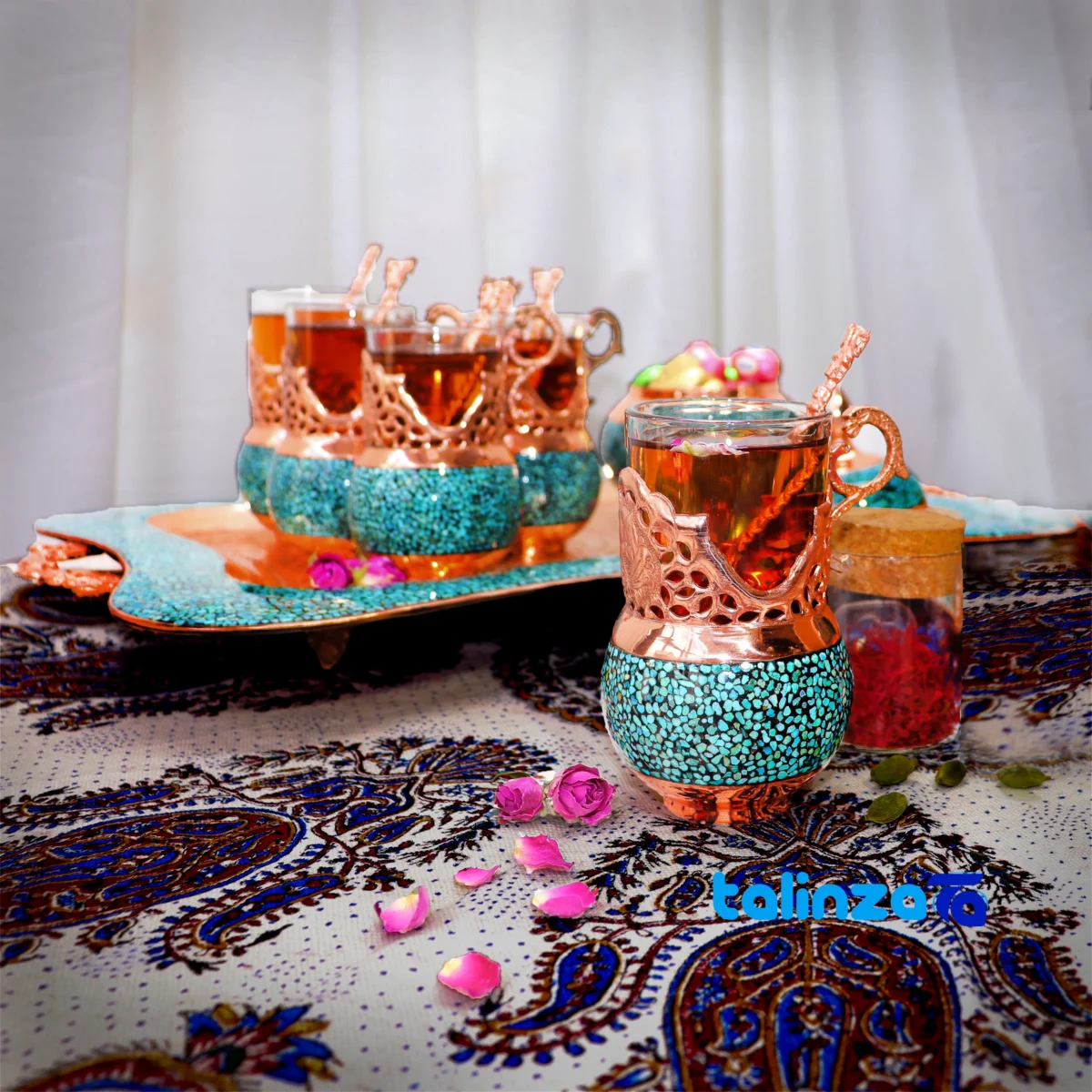 Packaging view of Shahpasand Turquoise Copper Tea Set 47 x 33 label and