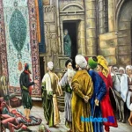 Detail view of Dervish Realism Oil Painting Old Carpet Market Canvas pile texture close-up