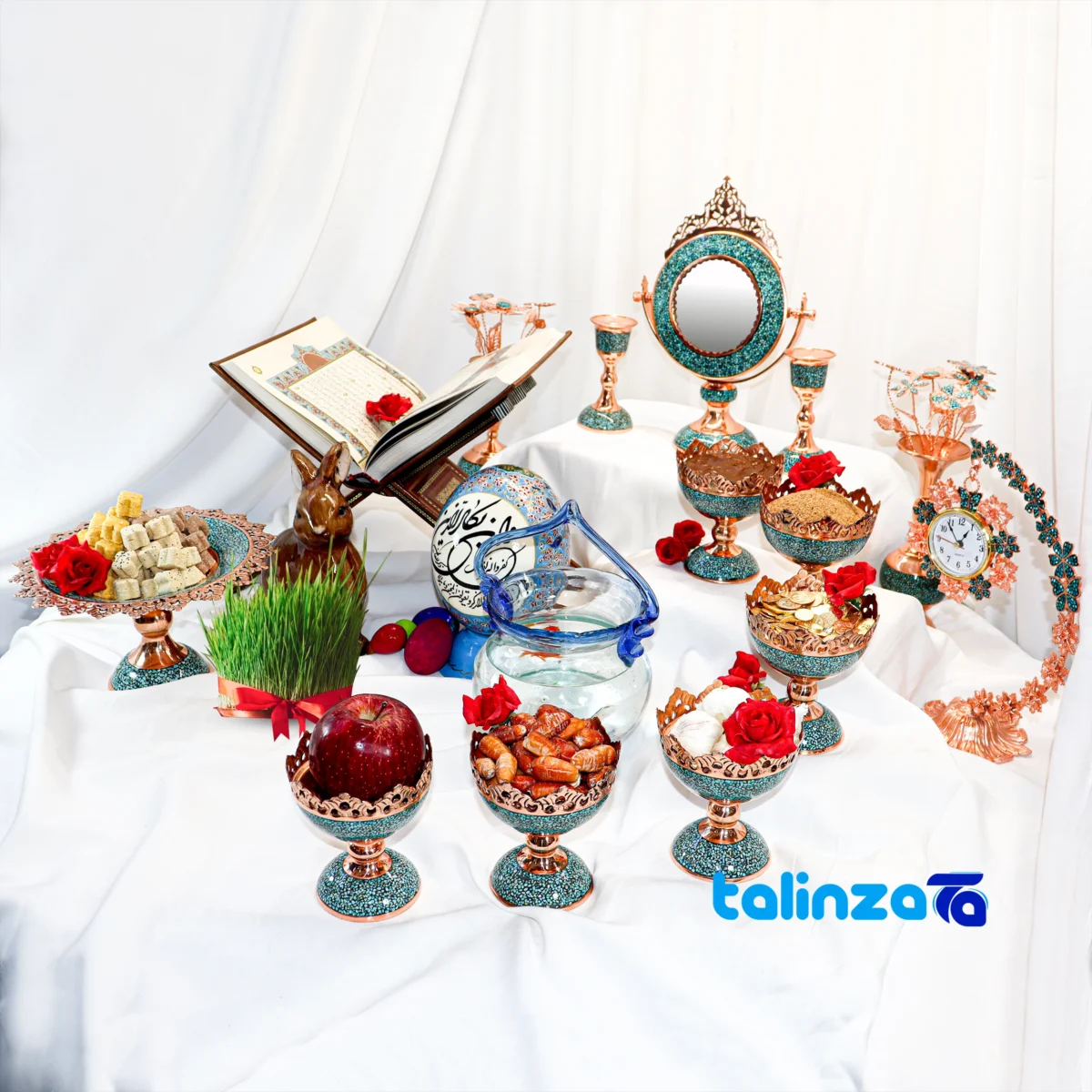 Packaging view of Crowned Turquoise Haftsin Decorative Set 301211 86 x 10 label and